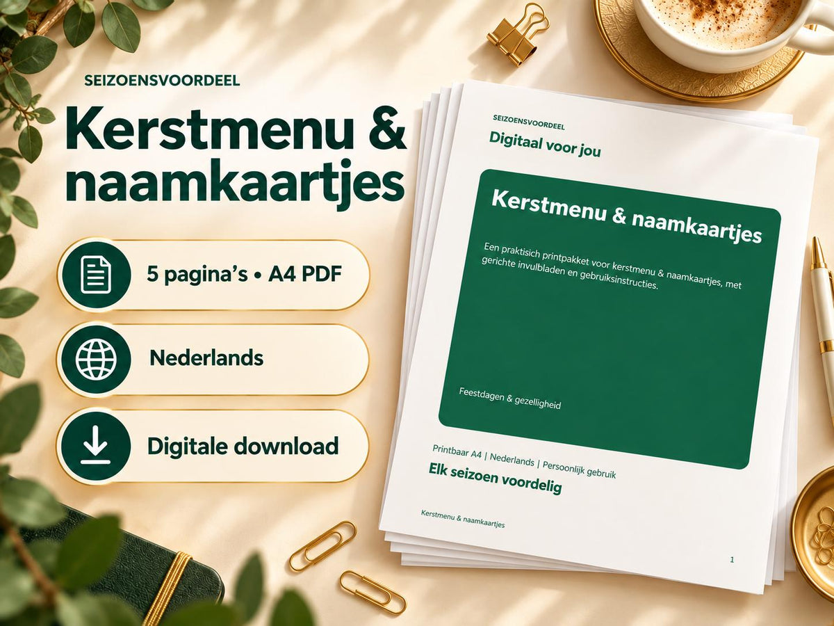 Kerstmenu & naamkaartjes – printbare A4 PDF in het Nederlands – digitale download
