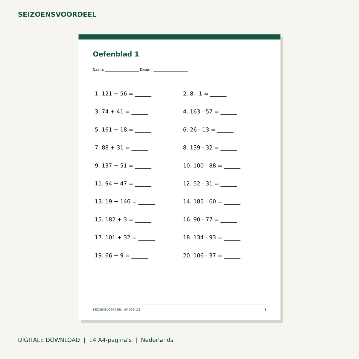 Rekenbladen optellen en aftrekken tot 200 | Nederlandse A4 PDF | Digitale download