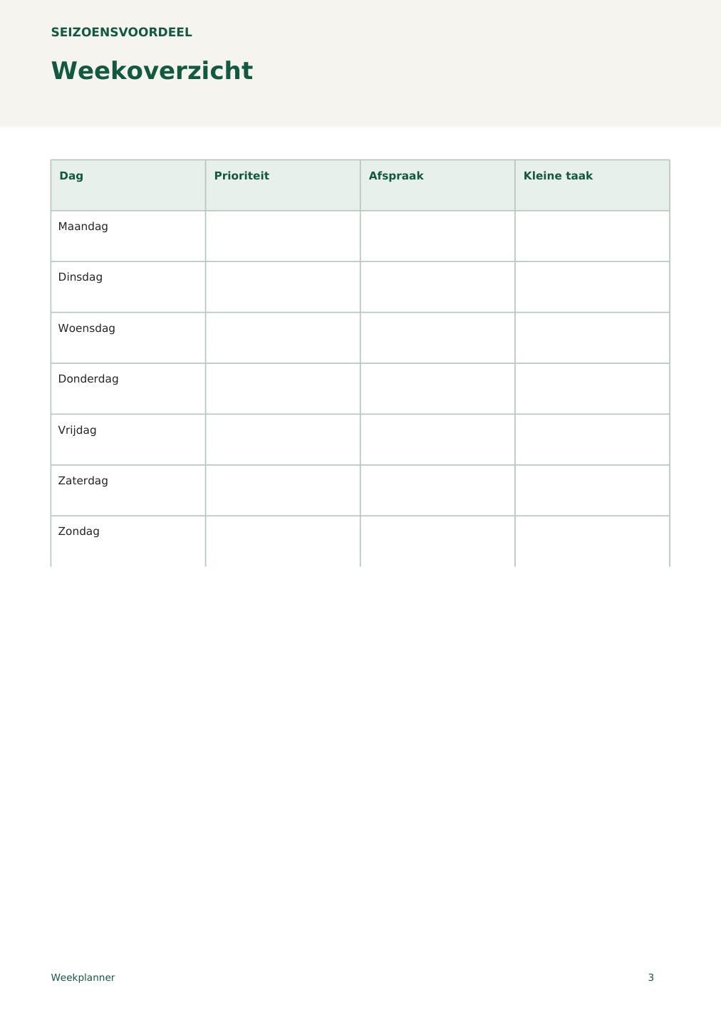 Weekplanner – printbare A4 PDF in het Nederlands – digitale download