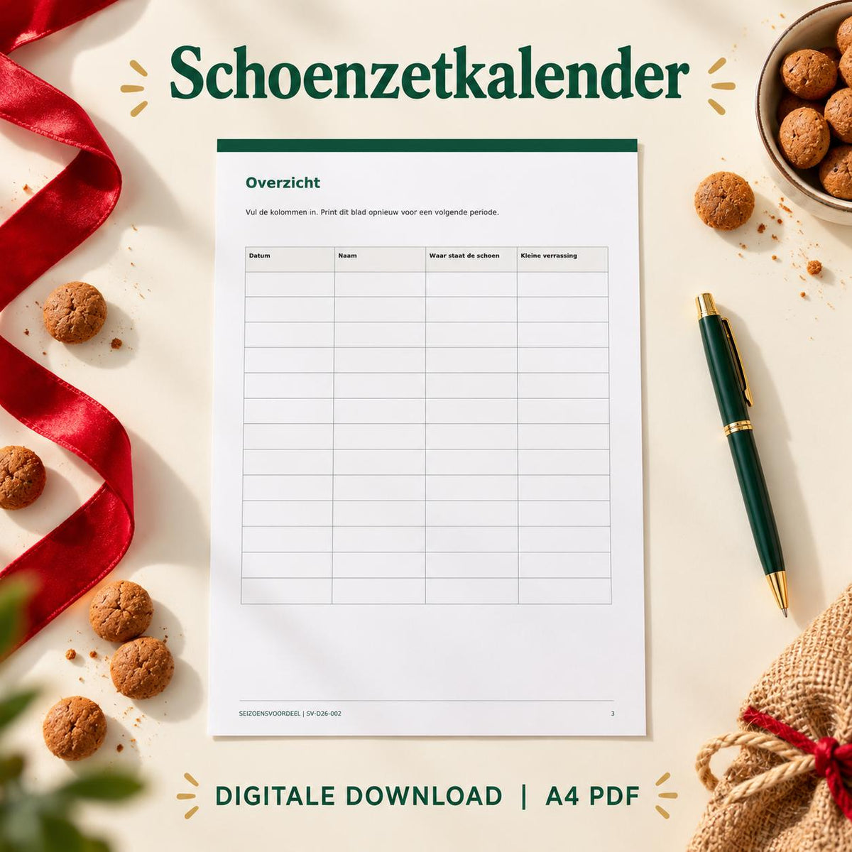Schoenzetkalender | Nederlandse A4 PDF | Digitale download