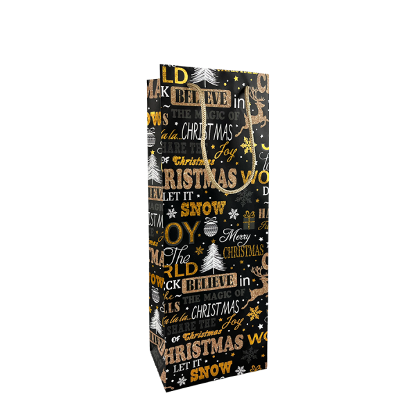 Cadeautas Fles Kerst Zwart 12,5x9x35cm