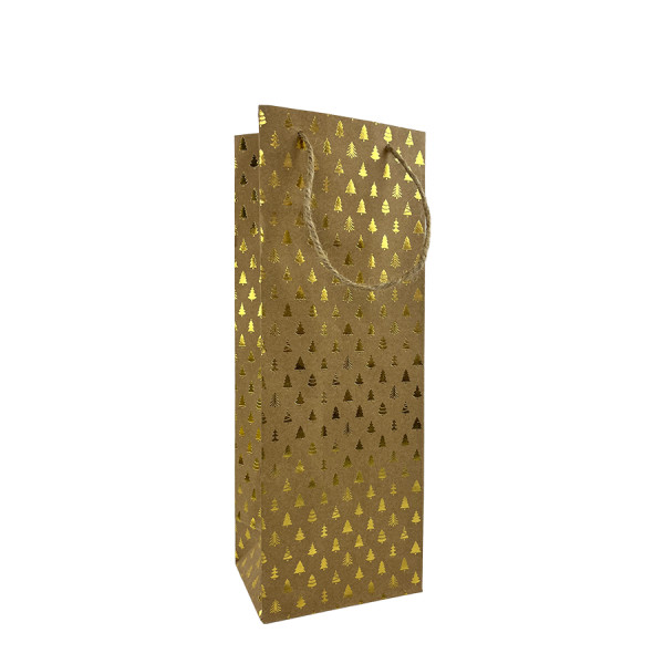 Cadeautas Fles Kraft Kerstpatroon Goud 10x10x35cm
