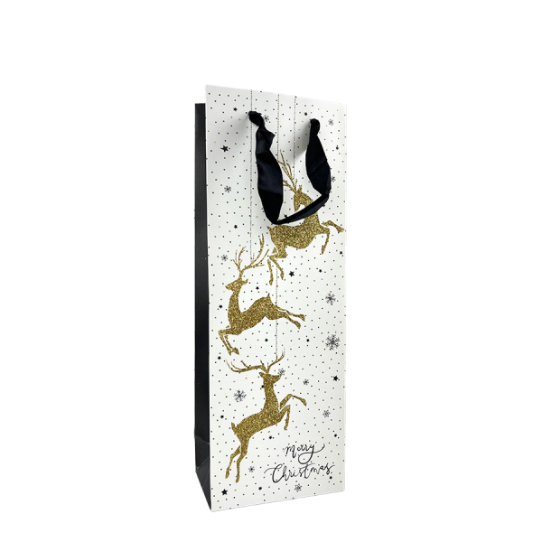Cadeautas Fles Wit Glitter Merry Christmas Rendier 12,8x36x8,4cm
