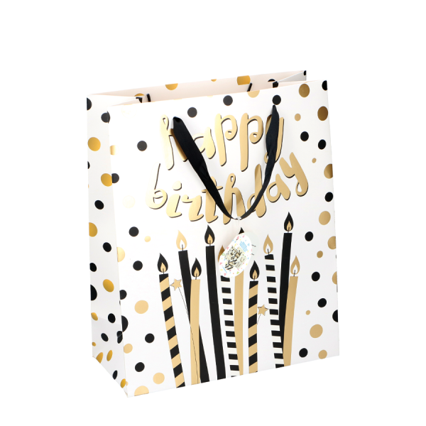 Cadeautas Happy Birthday Goud/Zwart Kaarsjes 26x12x32cm