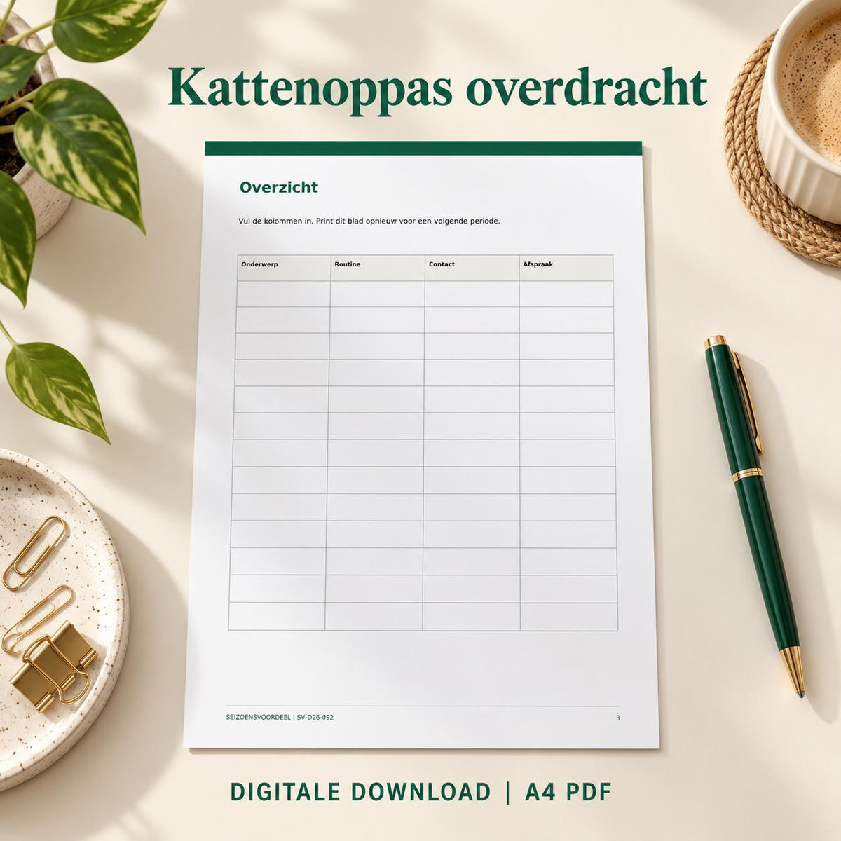Kattenoppas overdracht | Nederlandse A4 PDF | Digitale download