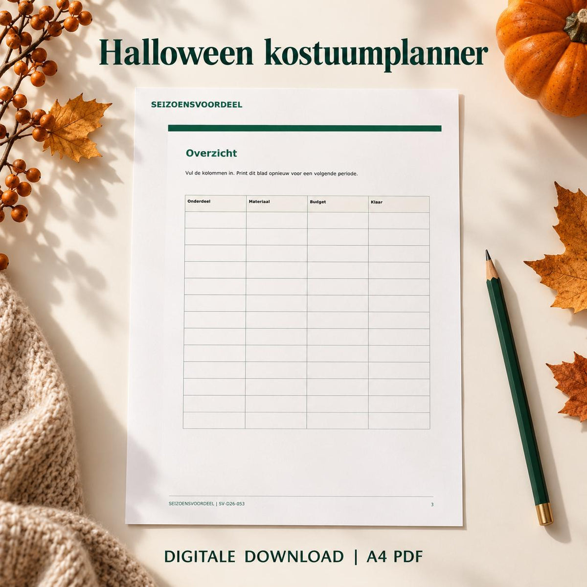 Halloween kostuumplanner | Nederlandse A4 PDF | Digitale download