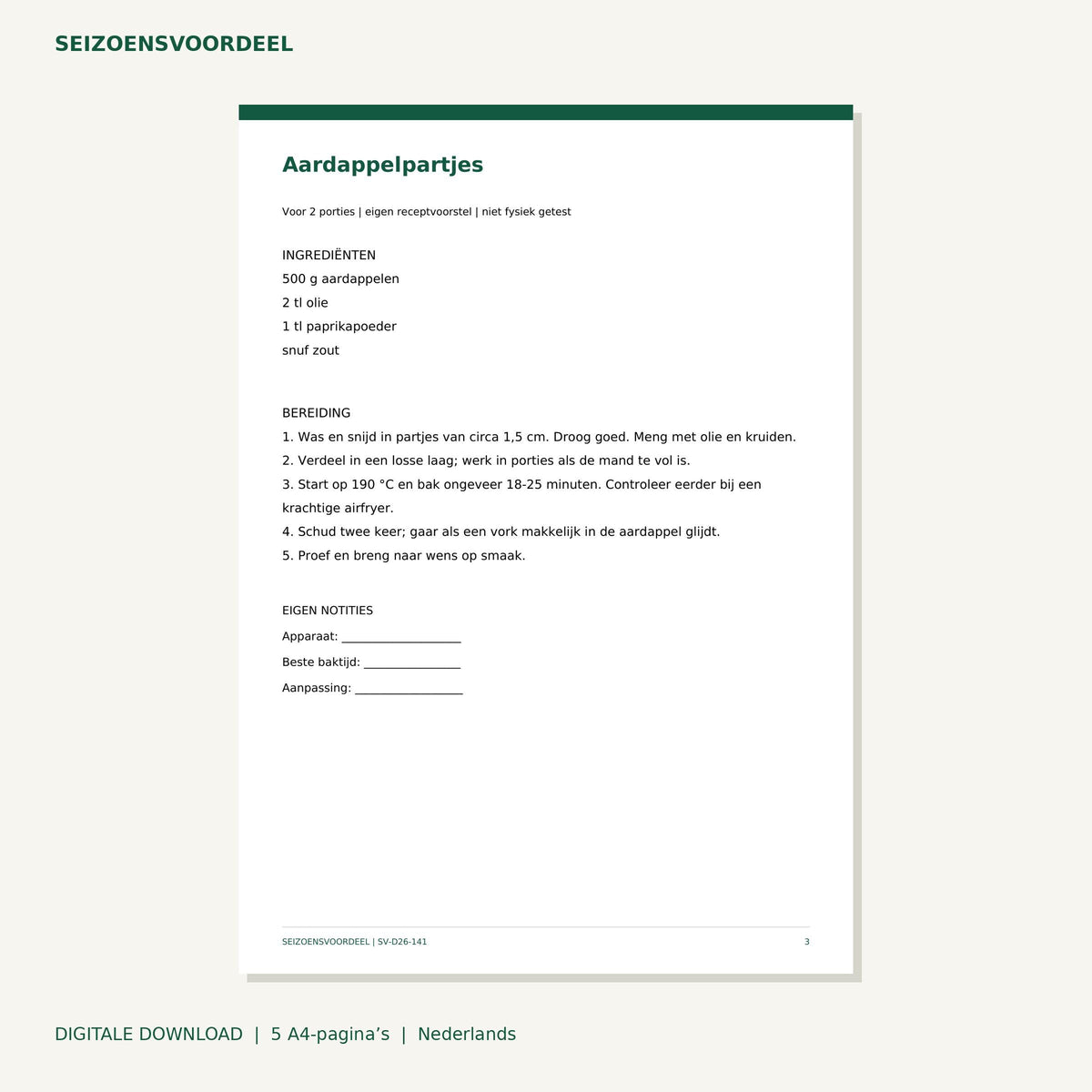 Airfryer recepten - Aardappel bijgerechten | Nederlandse A4 PDF | Digitale download