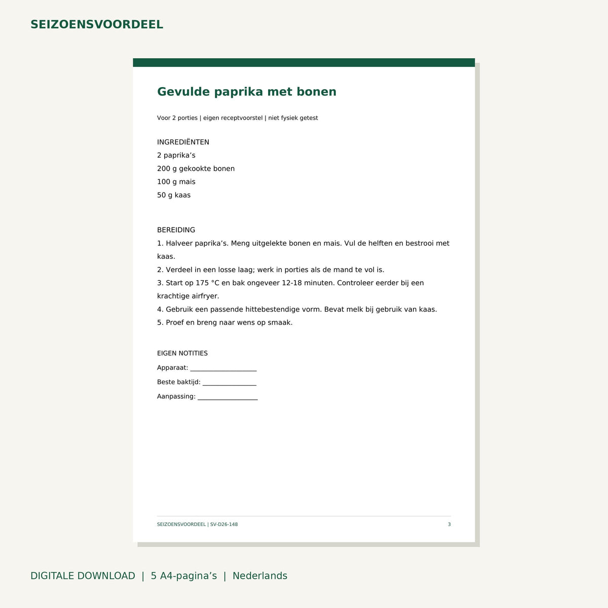 Airfryer recepten - Snelle vegetarische lunch | Nederlandse A4 PDF | Digitale download