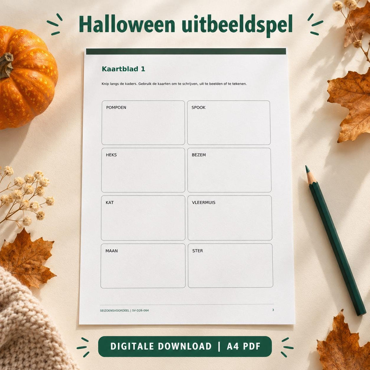 Halloween uitbeeldspel | Nederlandse A4 PDF | Digitale download