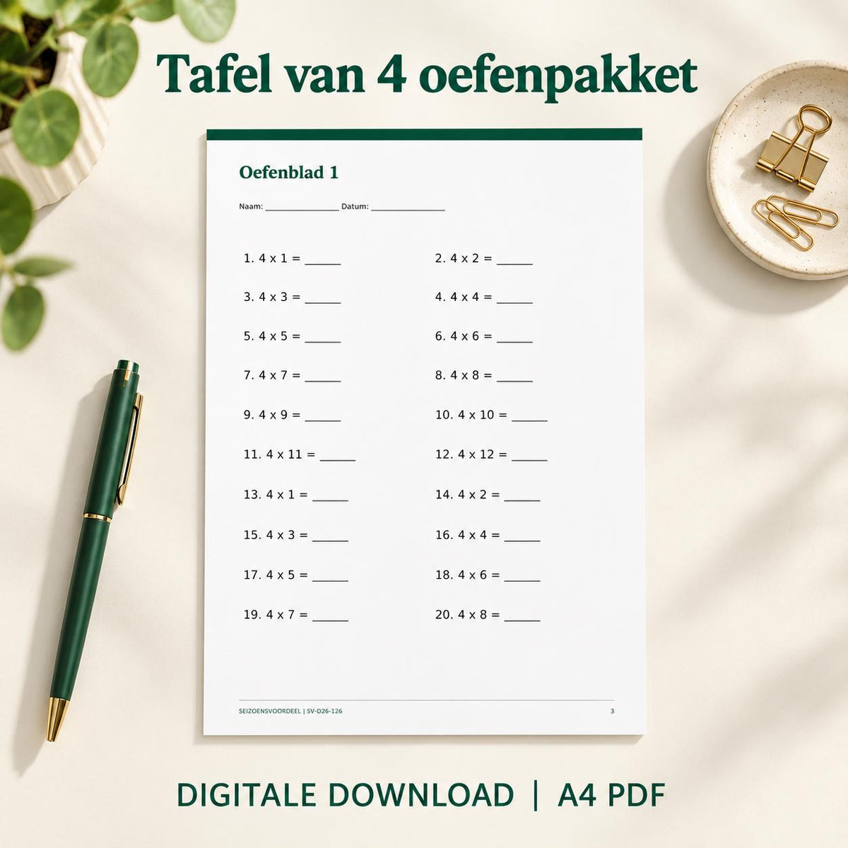 Tafel van 4 oefenpakket | Nederlandse A4 PDF | Digitale download