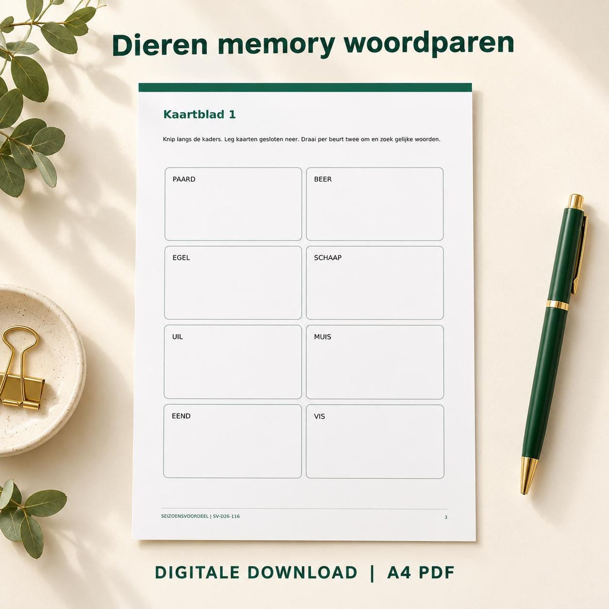 Dieren memory woordparen | Nederlandse A4 PDF | Digitale download