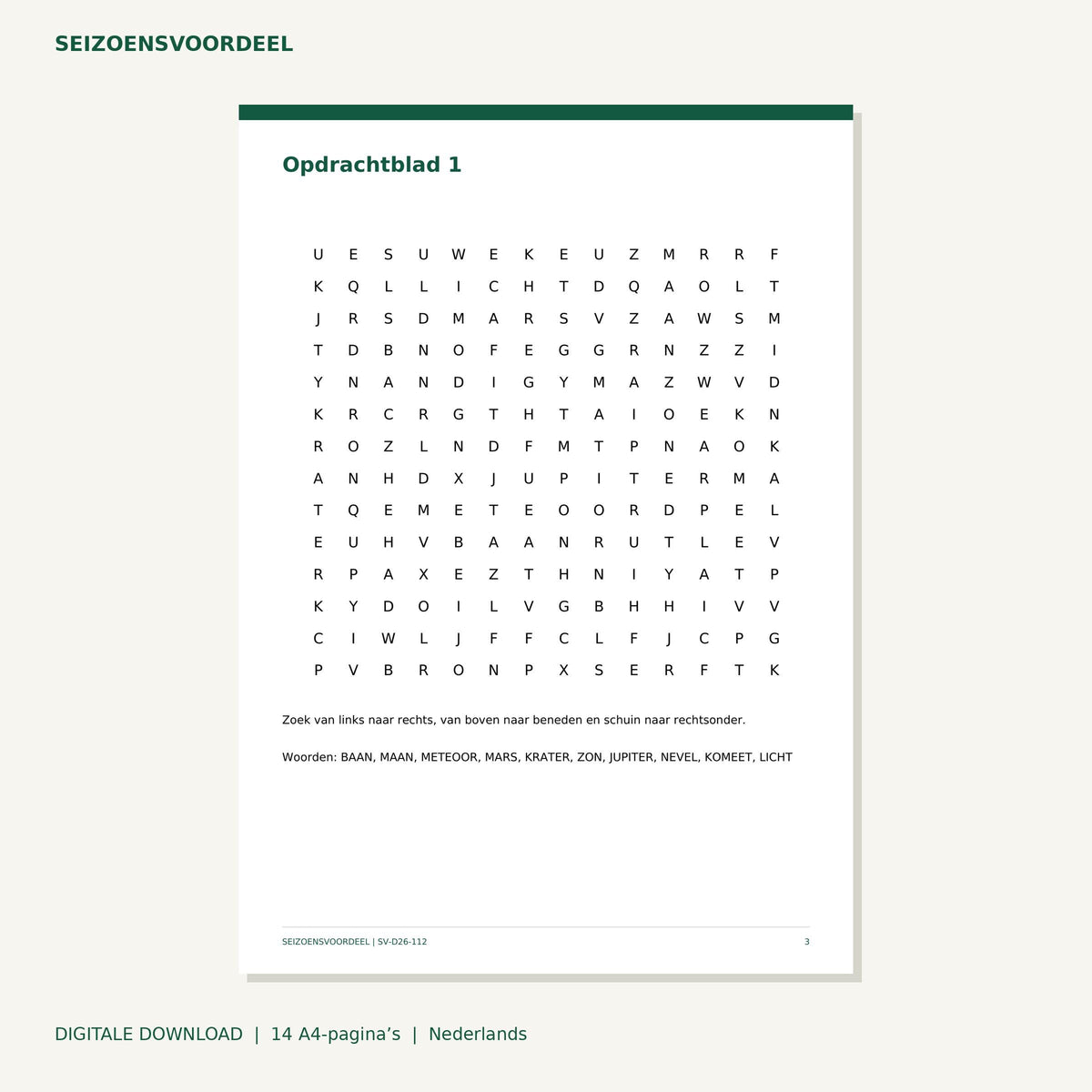 Ruimte woordenzoekers | Nederlandse A4 PDF | Digitale download