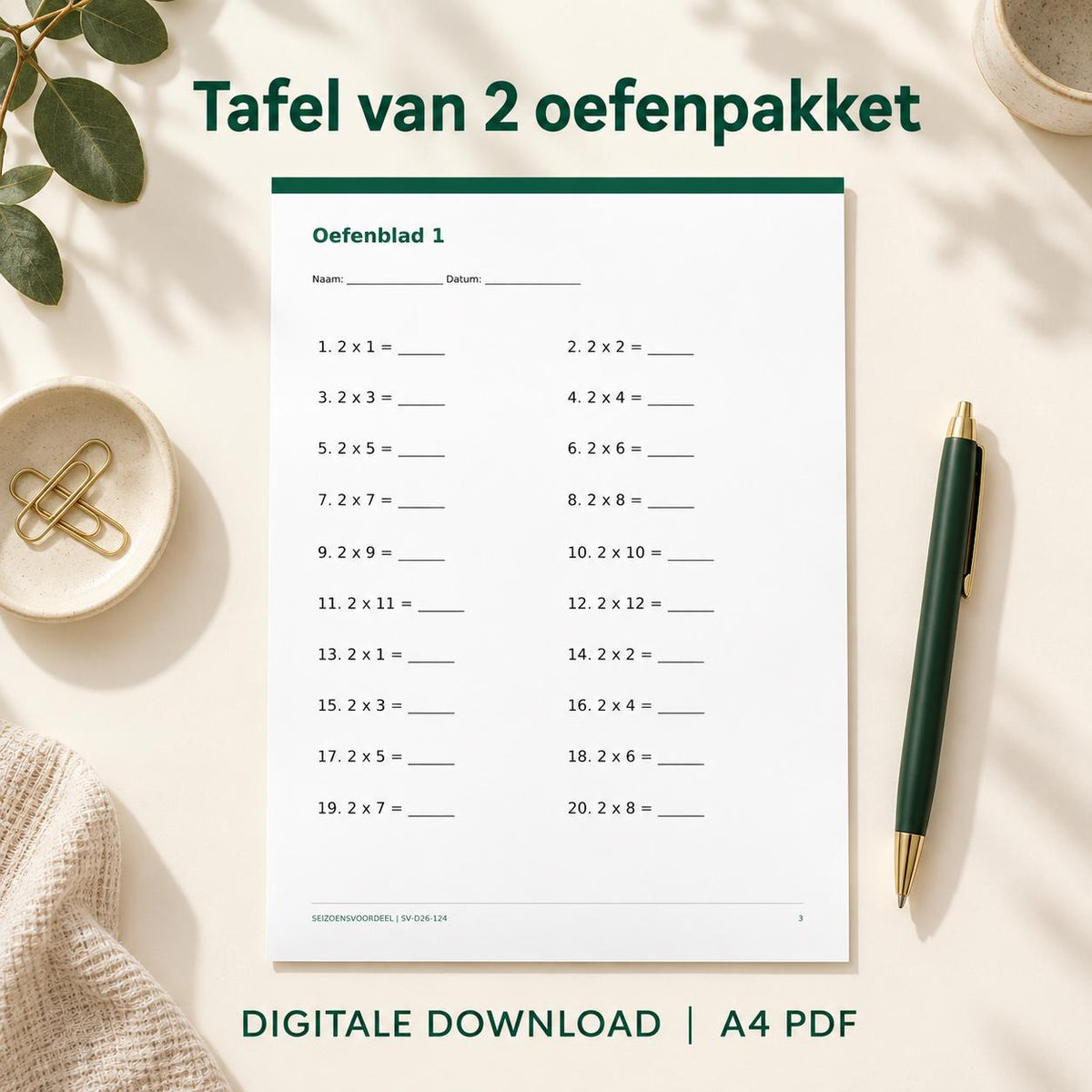 Tafel van 2 oefenpakket | Nederlandse A4 PDF | Digitale download