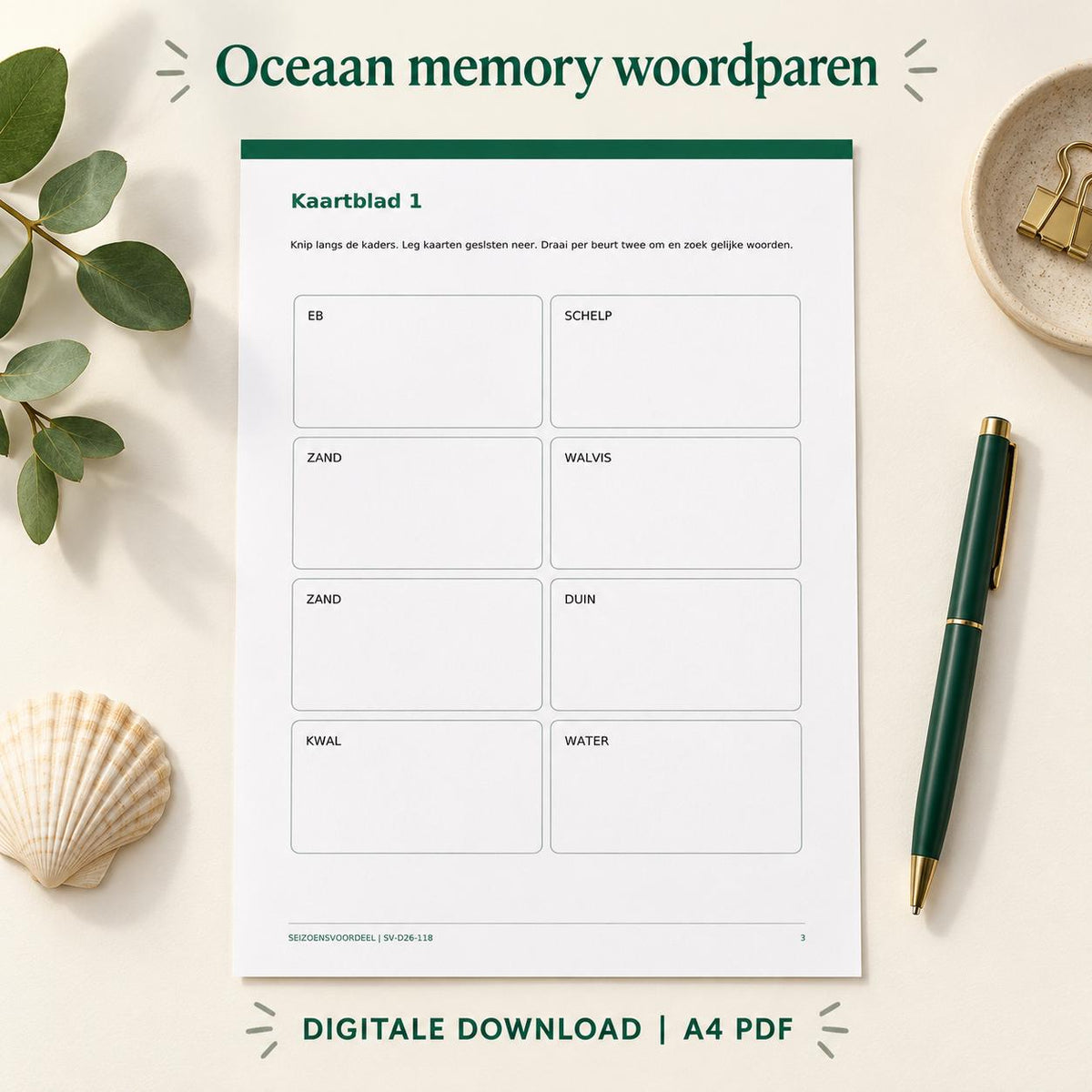 Oceaan memory woordparen | Nederlandse A4 PDF | Digitale download