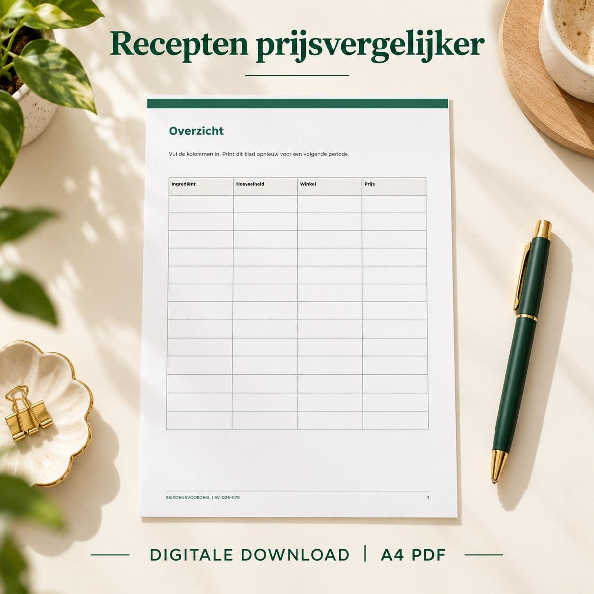 Recepten prijsvergelijker | Nederlandse A4 PDF | Digitale download