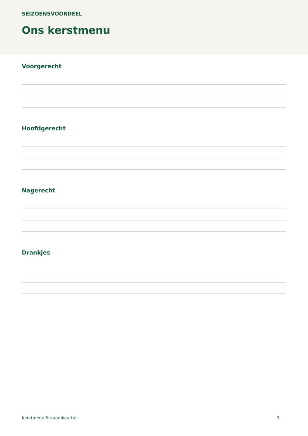 Kerstmenu & naamkaartjes – printbare A4 PDF in het Nederlands – digitale download