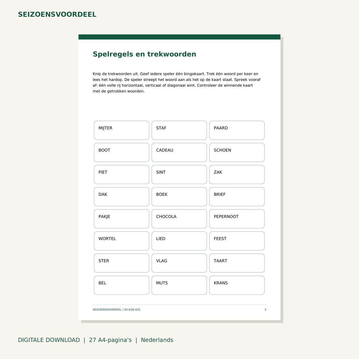 Sinterklaas bingo voor 24 spelers | Nederlandse A4 PDF | Digitale download
