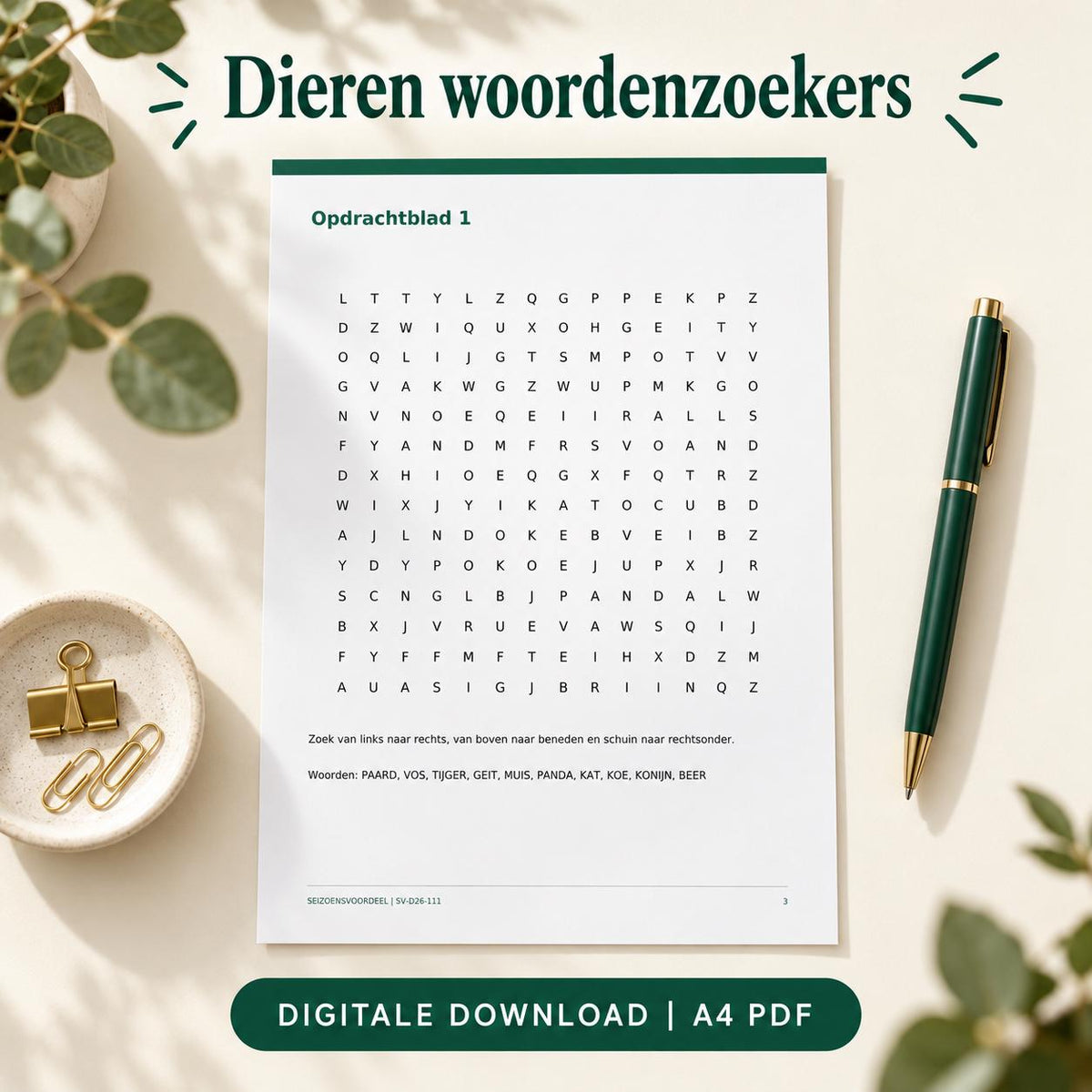 Dieren woordenzoekers | Nederlandse A4 PDF | Digitale download