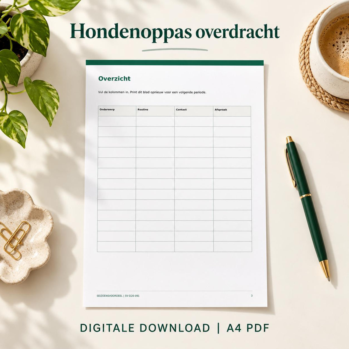 Hondenoppas overdracht | Nederlandse A4 PDF | Digitale download