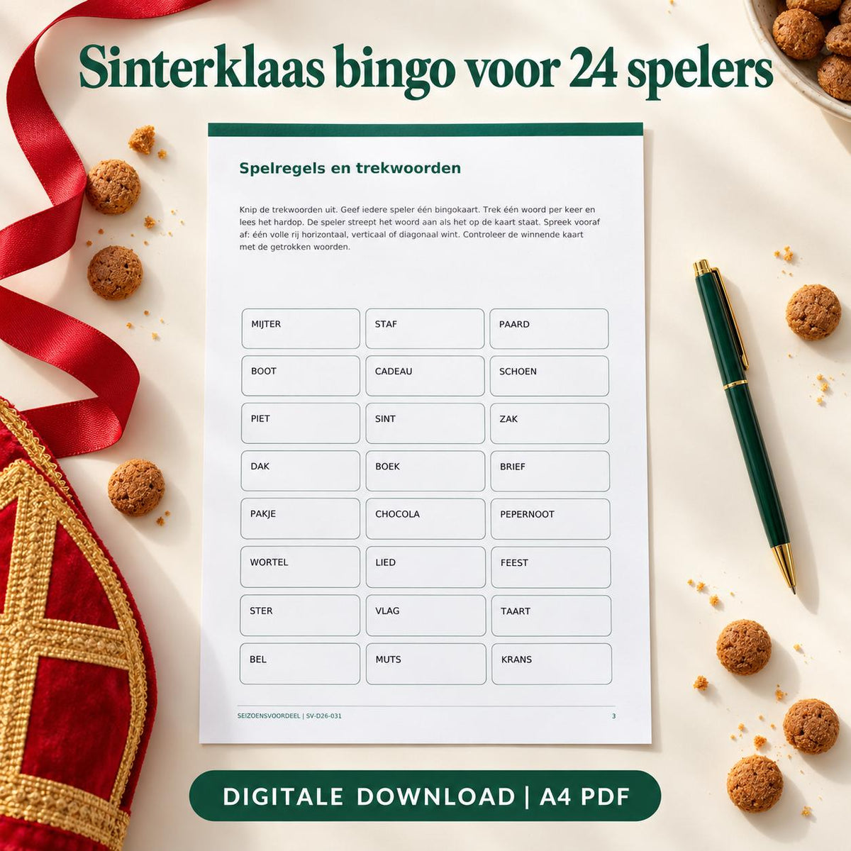 Sinterklaas bingo voor 24 spelers | Nederlandse A4 PDF | Digitale download