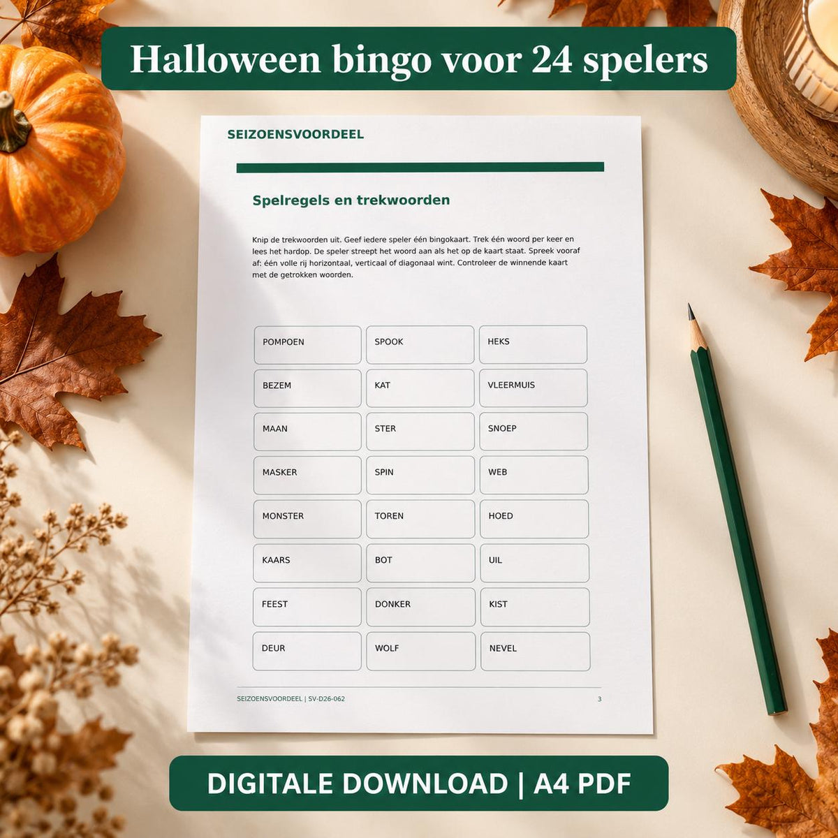 Halloween bingo voor 24 spelers | Nederlandse A4 PDF | Digitale download