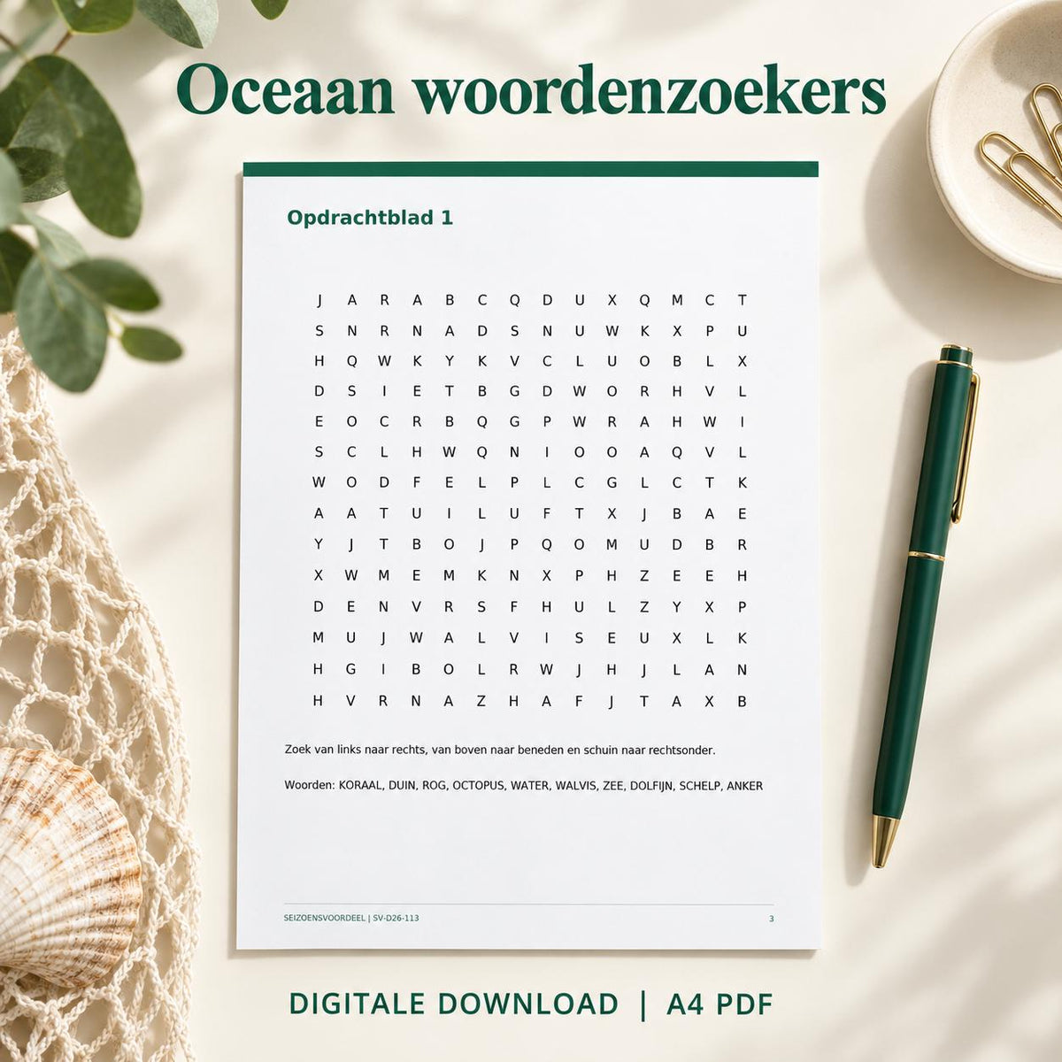 Oceaan woordenzoekers | Nederlandse A4 PDF | Digitale download