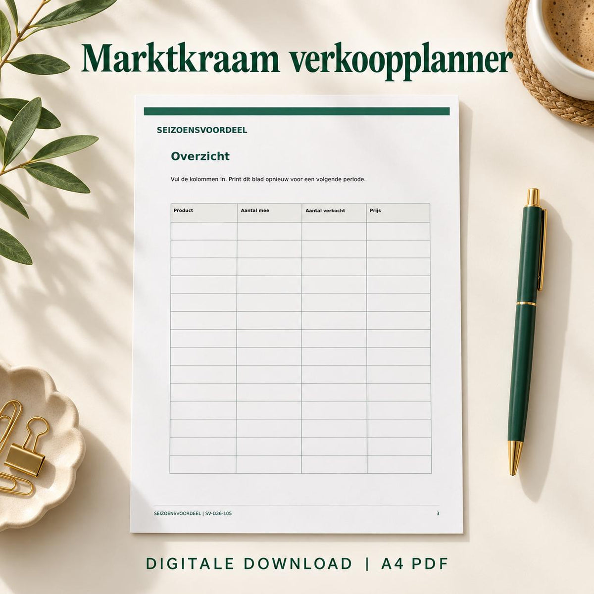 Marktkraam verkoopplanner | Nederlandse A4 PDF | Digitale download
