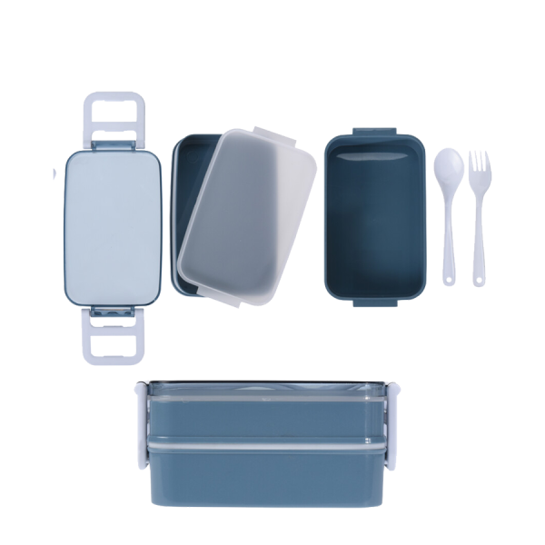 Lunchbox Dubbellaags Met Bestek Blauw