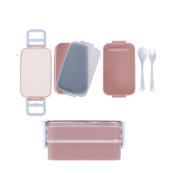Lunchbox Dubbellaags Met Bestek Roze