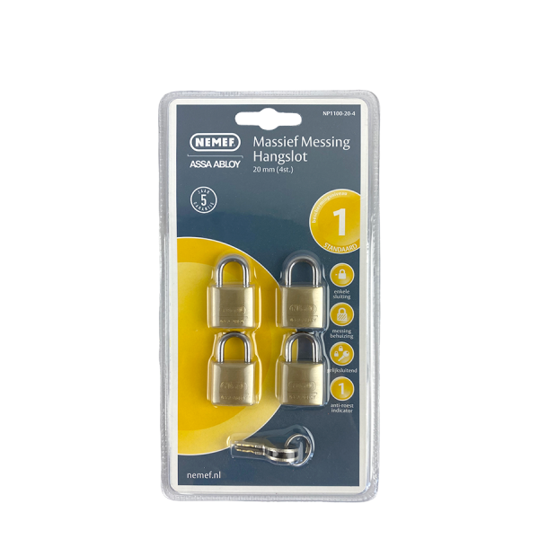 Nemef Massief Messing Hangslot 20mm 4 stuks