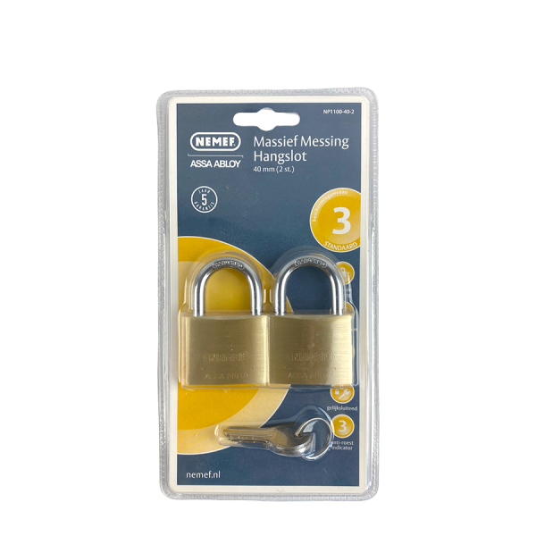 Nemef Massief Messing Hangslot 40mm 2 stuks