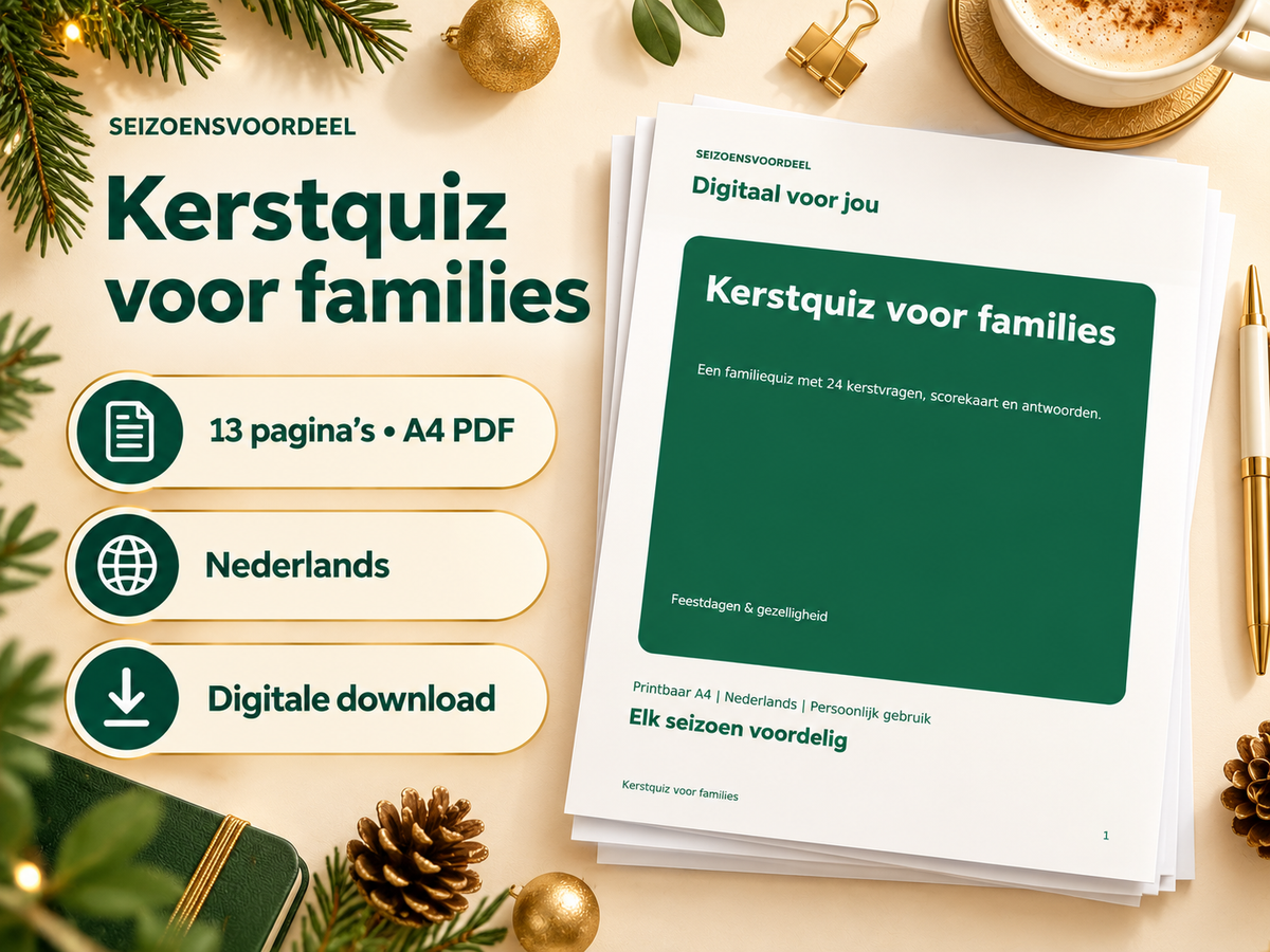 Kerstquiz voor families – printbare A4 PDF, digitale download