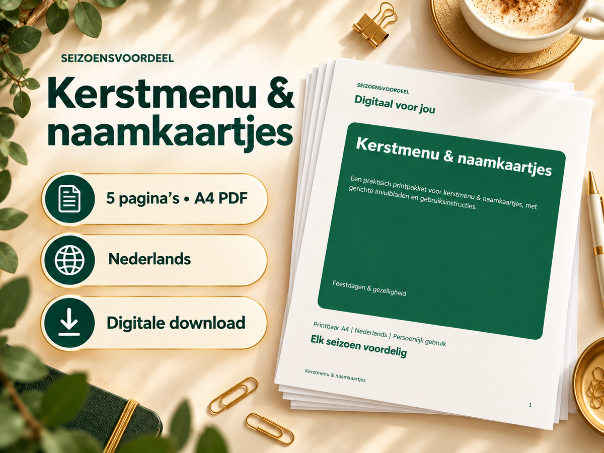 Kerstmenu & naamkaartjes – printbare A4 PDF, digitale download