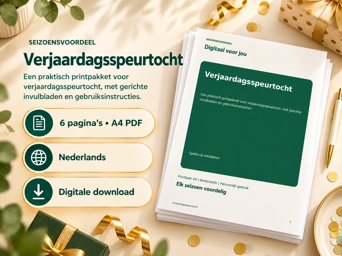 Verjaardagsspeurtocht – printbare A4 PDF, digitale download