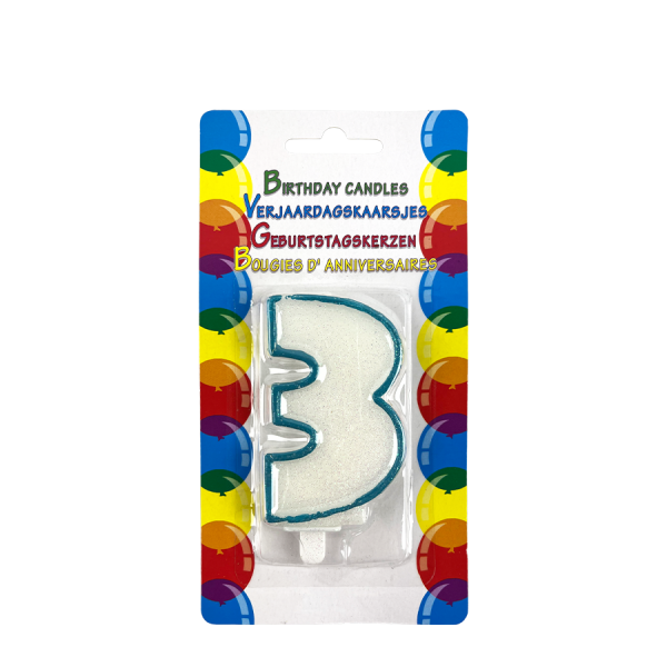 Verjaardagskaars Glitter Met Houder Cijfer 3 Blauw 8cm