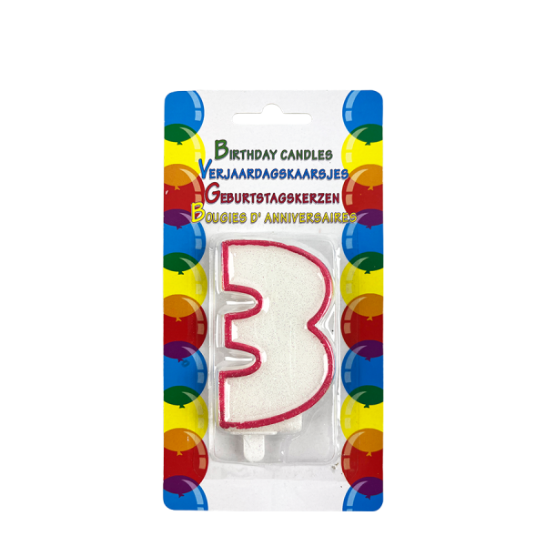 Verjaardagskaars Glitter Met Houder Cijfer 3 Roze 8cm