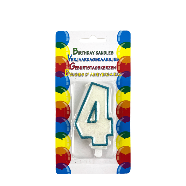 Verjaardagskaars Glitter Met Houder Cijfer 4 Blauw 8cm