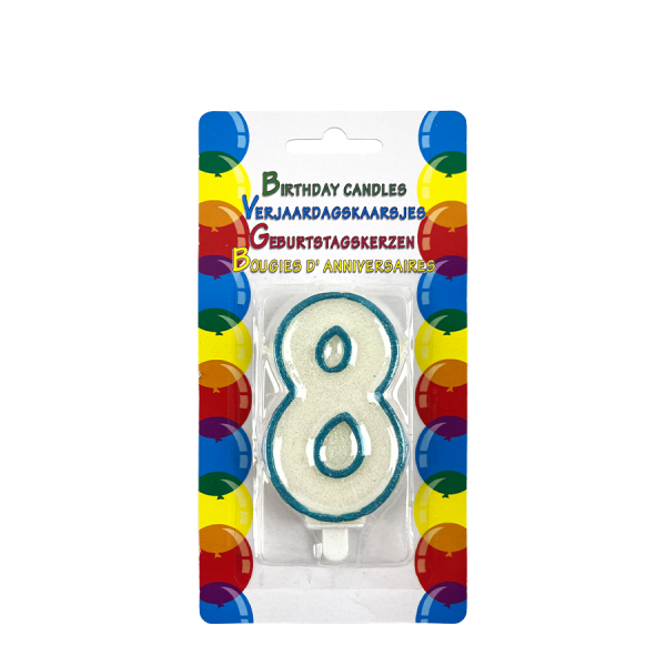 Verjaardagskaars Glitter Met Houder Cijfer 8 Blauw 8cm