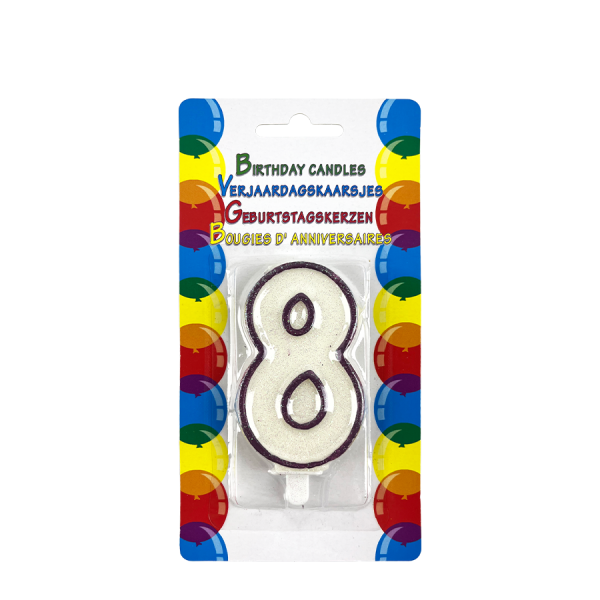 Verjaardagskaars Glitter Met Houder Cijfer 8 Paars 8cm