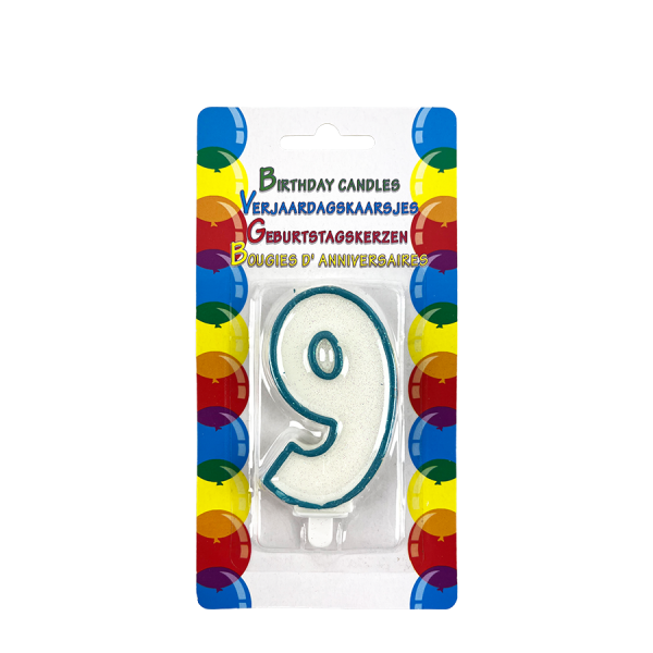 Verjaardagskaars Glitter Met Houder Cijfer 9 Blauw 8cm